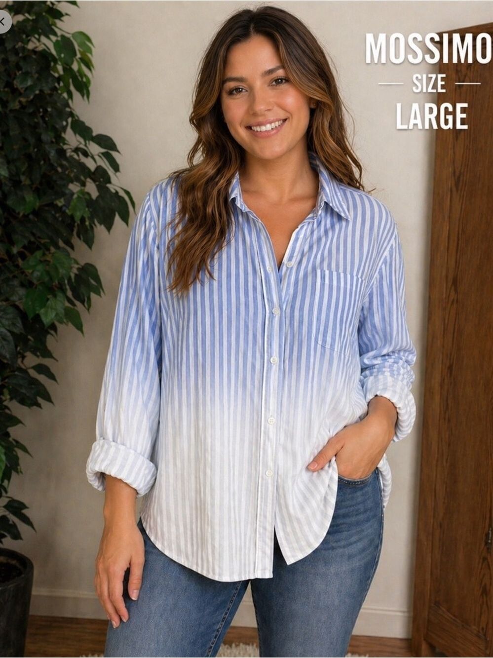 Mossimo Supply Co Blue & White Striped Button Down Shirt Size Large